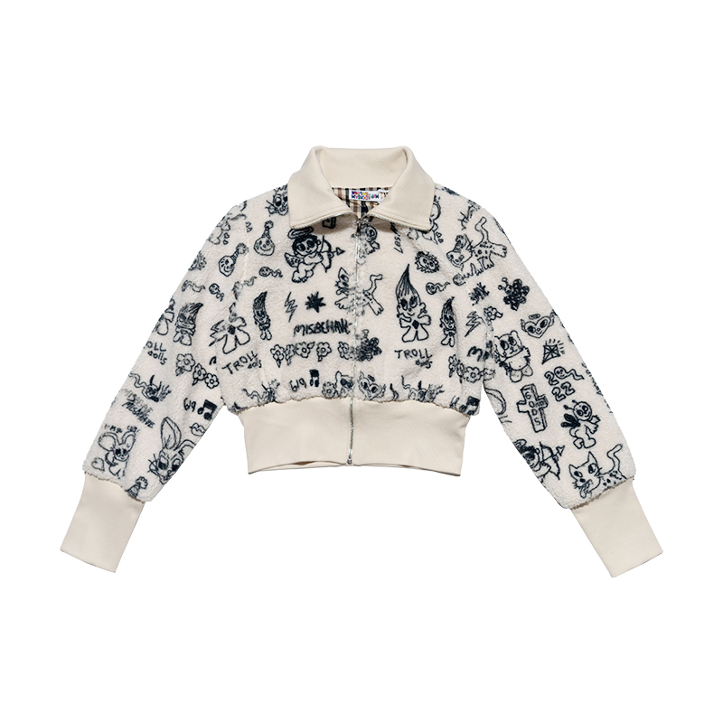 Black and White Printed Plush Short Coat with Lapel - Artist Original Short Plush Jacket for Trendy Style