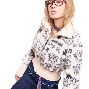 Black and White Printed Plush Short Coat with Lapel - Artist Original Short Plush Jacket for Trendy Style