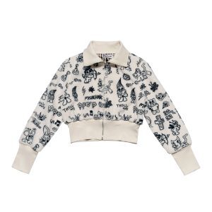 Black and White Printed Plush Short Coat with Lapel - Artist Original Short Plush Jacket for Trendy Style