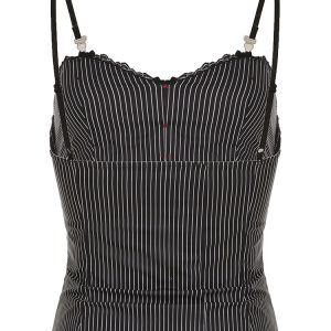 Black and White Striped Lace Trim Spaghetti Strap Tank Top - Slim Fit Versatile Street Style Women's Fashion
