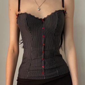 Black and White Striped Lace Trim Spaghetti Strap Tank Top - Slim Fit Versatile Street Style Women's Fashion