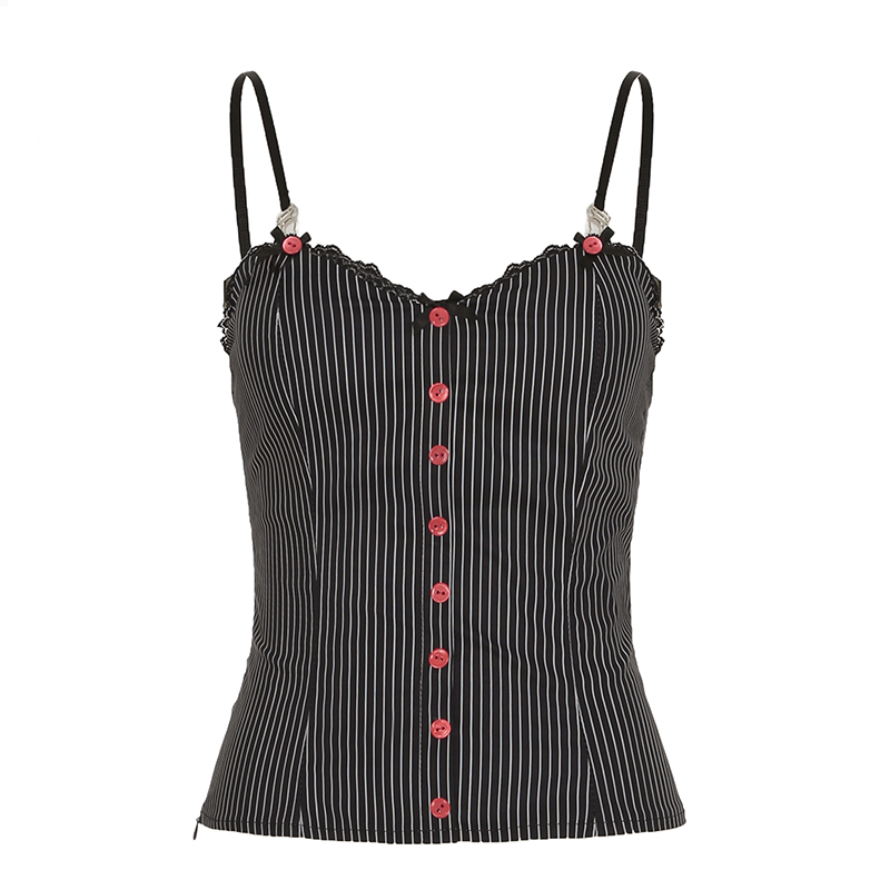 Black and White Striped Lace Trim Spaghetti Strap Tank Top - Slim Fit Versatile Street Style Women's Fashion