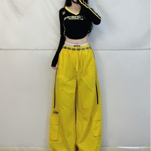 Black and Yellow Striped Wide-Leg Long Pants for Women - Jazz Dance Casual Workwear, Dopamine Style, Sports Fashion