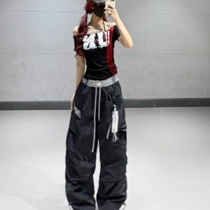 Black Checkered Patchwork High-Waisted Quick-Dry Work Pants for Women - Summer Straight-Leg Dance and Sports Pants