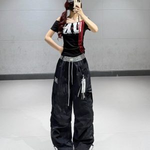 Black Checkered Patchwork High-Waisted Quick-Dry Work Pants for Women - Summer Straight-Leg Dance and Sports Pants