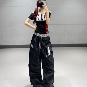 Black Checkered Patchwork High-Waisted Quick-Dry Work Pants for Women - Summer Straight-Leg Dance and Sports Pants
