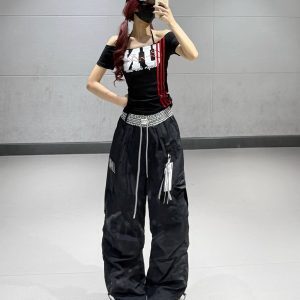 Black Checkered Patchwork High-Waisted Quick-Dry Work Pants for Women - Summer Straight-Leg Dance and Sports Pants