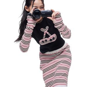 Black Cherry Patchwork Long Sleeve T-Shirt and Striped Skirt Set - Trendy Y2K Fake Two-Piece Outfit for Stylish Women