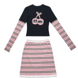 Black Cherry Patchwork Long Sleeve T-Shirt and Striped Skirt Set - Trendy Y2K Fake Two-Piece Outfit for Stylish Women