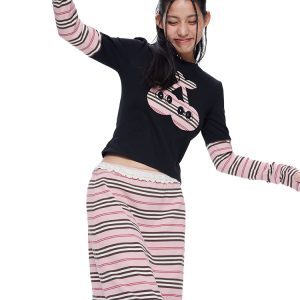 Black Cherry Patchwork Long Sleeve T-Shirt and Striped Skirt Set - Trendy Y2K Fake Two-Piece Outfit for Stylish Women