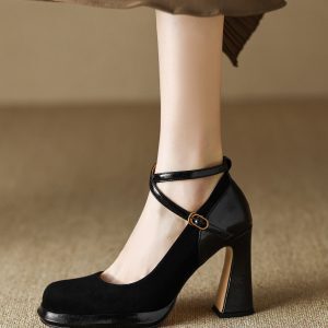 Black Chunky Heel Mary Jane Wedding Shoes for Women - 2023 Cross Strap Square Toe Shallow Mouth Flats