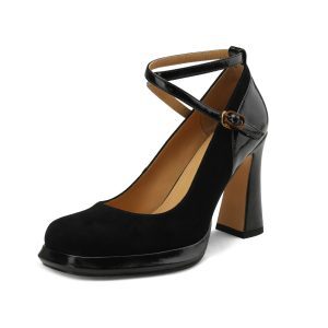 Black Chunky Heel Mary Jane Wedding Shoes for Women - 2023 Cross Strap Square Toe Shallow Mouth Flats