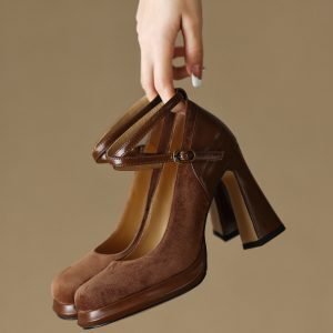 Black Chunky Heel Mary Jane Wedding Shoes for Women - 2023 Cross Strap Square Toe Shallow Mouth Flats