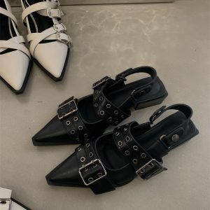 Black Cowhide French Pointed Toe Mary Jane Shoes for Women - Retro Chunky Heel, Perfect for Winter & Spring, Ideal with Skirts