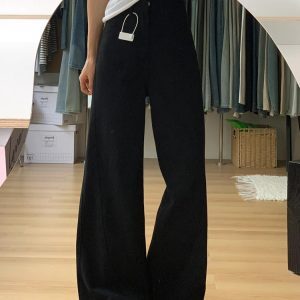 Black Curved Blade Wide-Leg Jeans for Women, Vintage High-Waisted Loose-Fitting Summer Pants, Versatile Straight-Leg Design