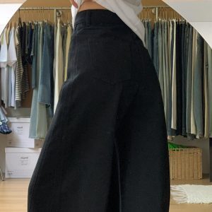 Black Curved Blade Wide-Leg Jeans for Women, Vintage High-Waisted Loose-Fitting Summer Pants, Versatile Straight-Leg Design