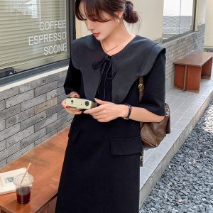 Black Doll Collar T-Shirt Dress for Women - Summer 2025, Loose Casual Style, Age-Reducing, Unique and Beautiful Design
