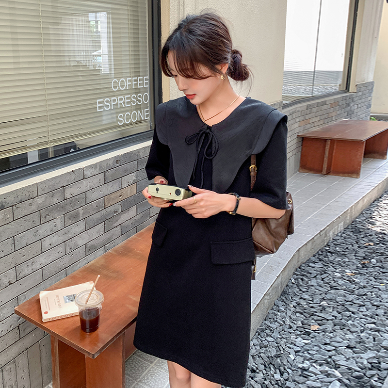 Black Doll Collar T-Shirt Dress for Women - Summer 2025, Loose Casual Style, Age-Reducing, Unique and Beautiful Design