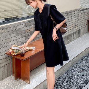 Black Doll Collar T-Shirt Dress for Women - Summer 2025, Loose Casual Style, Age-Reducing, Unique and Beautiful Design