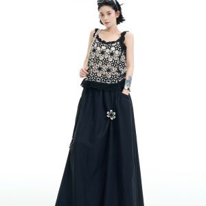 Black Embroidered High-Waisted Draped A-Line Skirt for Women - Summer Korean Style Loose Flared Skirt
