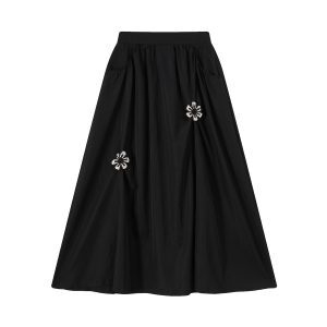 Black Embroidered High-Waisted Draped A-Line Skirt for Women - Summer Korean Style Loose Flared Skirt
