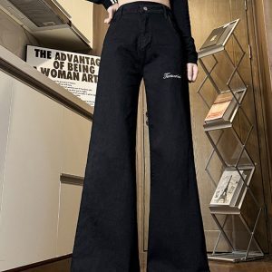 Black Flared Jeans for Women - Plus Size Loose Fit, Stretchy Wide-Leg Bell-Bottoms for Pear-Shaped Figures, Slimming Style