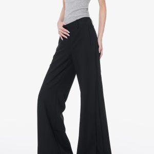 Black Flared Suit Pants for Women - Low Waist Draped Wide-Leg Trousers, Casual Floor-Length Style, Perfect for Summer Outfits