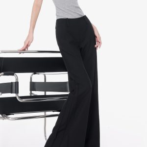 Black Flared Suit Pants for Women - Low Waist Draped Wide-Leg Trousers, Casual Floor-Length Style, Perfect for Summer Outfits