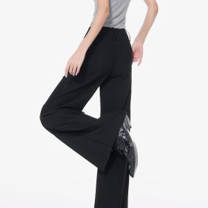 Black Flared Suit Pants for Women - Low Waist Draped Wide-Leg Trousers, Casual Floor-Length Style, Perfect for Summer Outfits