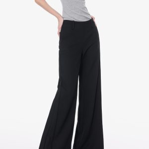 Black Flared Suit Pants for Women - Low Waist Draped Wide-Leg Trousers, Casual Floor-Length Style, Perfect for Summer Outfits