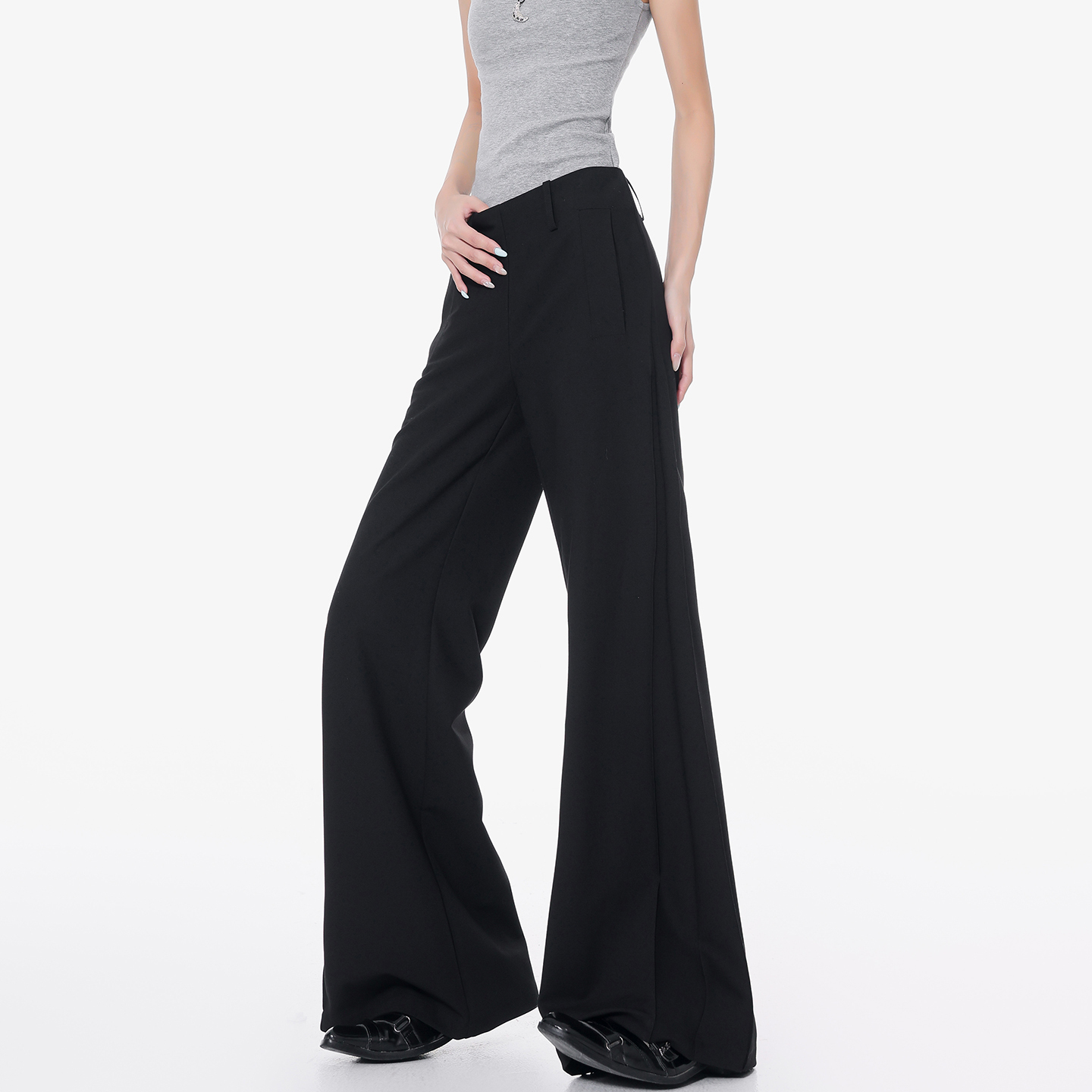 Black Flared Suit Pants for Women - Low Waist Draped Wide-Leg Trousers, Casual Floor-Length Style, Perfect for Summer Outfits