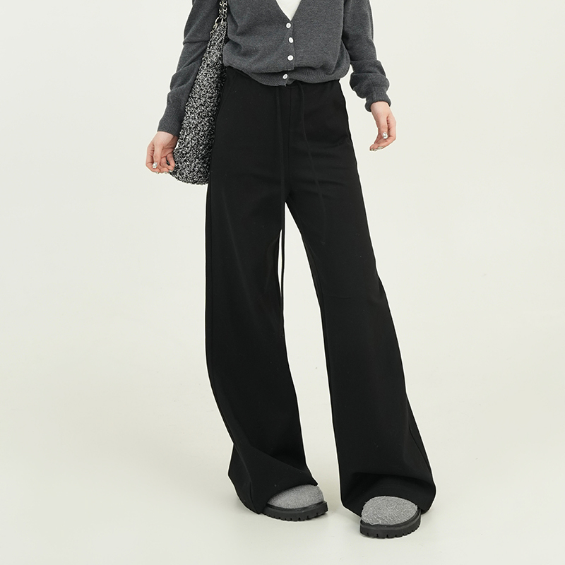 Black Fleece High-Waisted Straight-Leg Casual Pants for Women - Korean Style Loose Wide-Leg Trousers for Autumn and Winter