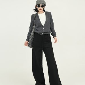 Black Fleece High-Waisted Straight-Leg Casual Pants for Women - Korean Style Loose Wide-Leg Trousers for Autumn and Winter