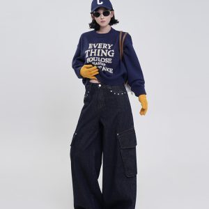 Black Fleece High-Waisted Wide-Leg Straight Jeans for Women - Korean Retro Loose Floor-Length Pants for Autumn & Winter