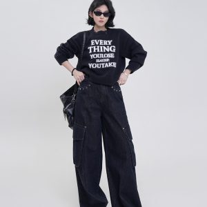 Black Fleece High-Waisted Wide-Leg Straight Jeans for Women - Korean Retro Loose Floor-Length Pants for Autumn & Winter