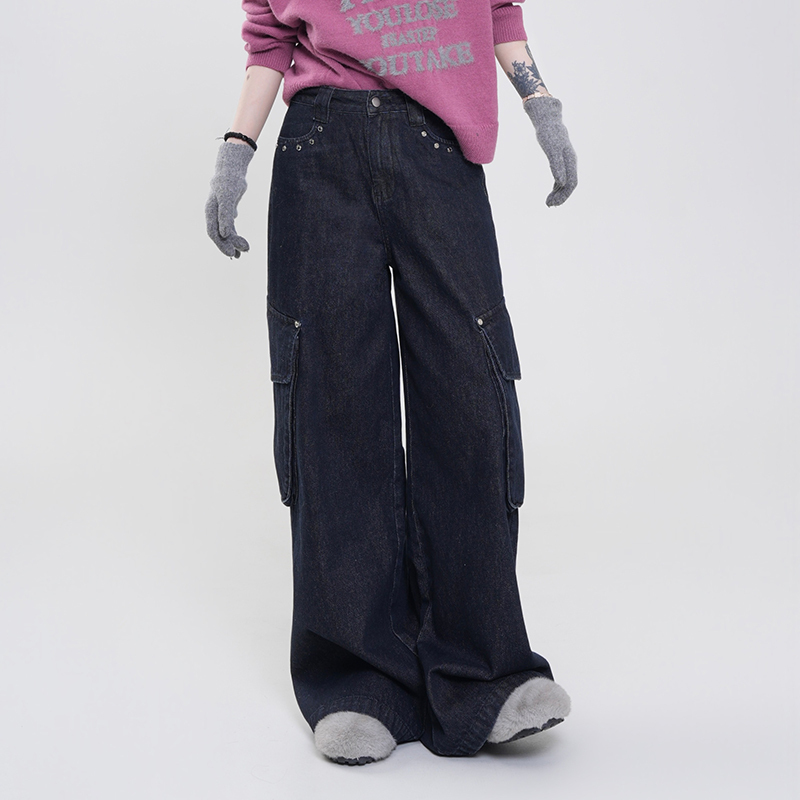 Black Fleece High-Waisted Wide-Leg Straight Jeans for Women - Korean Retro Loose Floor-Length Pants for Autumn & Winter