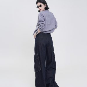 Black Fleece High-Waisted Wide-Leg Straight Jeans for Women - Korean Retro Loose Floor-Length Pants for Autumn & Winter