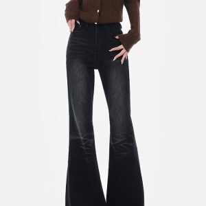 Black Fleece-Lined Flared Jeans for Women - Vintage Slim Fit Bootcut Pants - Autumn/Winter American Style