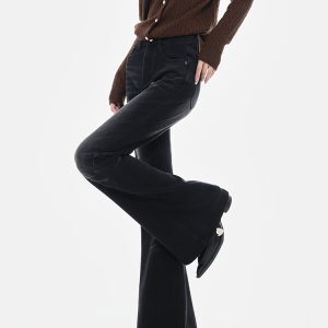 Black Fleece-Lined Flared Jeans for Women - Vintage Slim Fit Bootcut Pants - Autumn/Winter American Style