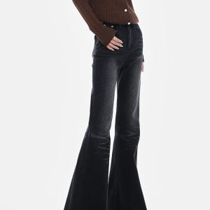 Black Fleece-Lined Flared Jeans for Women - Vintage Slim Fit Bootcut Pants - Autumn/Winter American Style