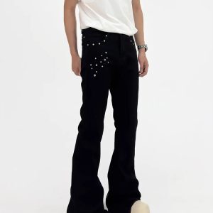 Black High-Waisted Denim Flared Pants for Men - Slim Fit, American Style, Street Vibe, Niche Design