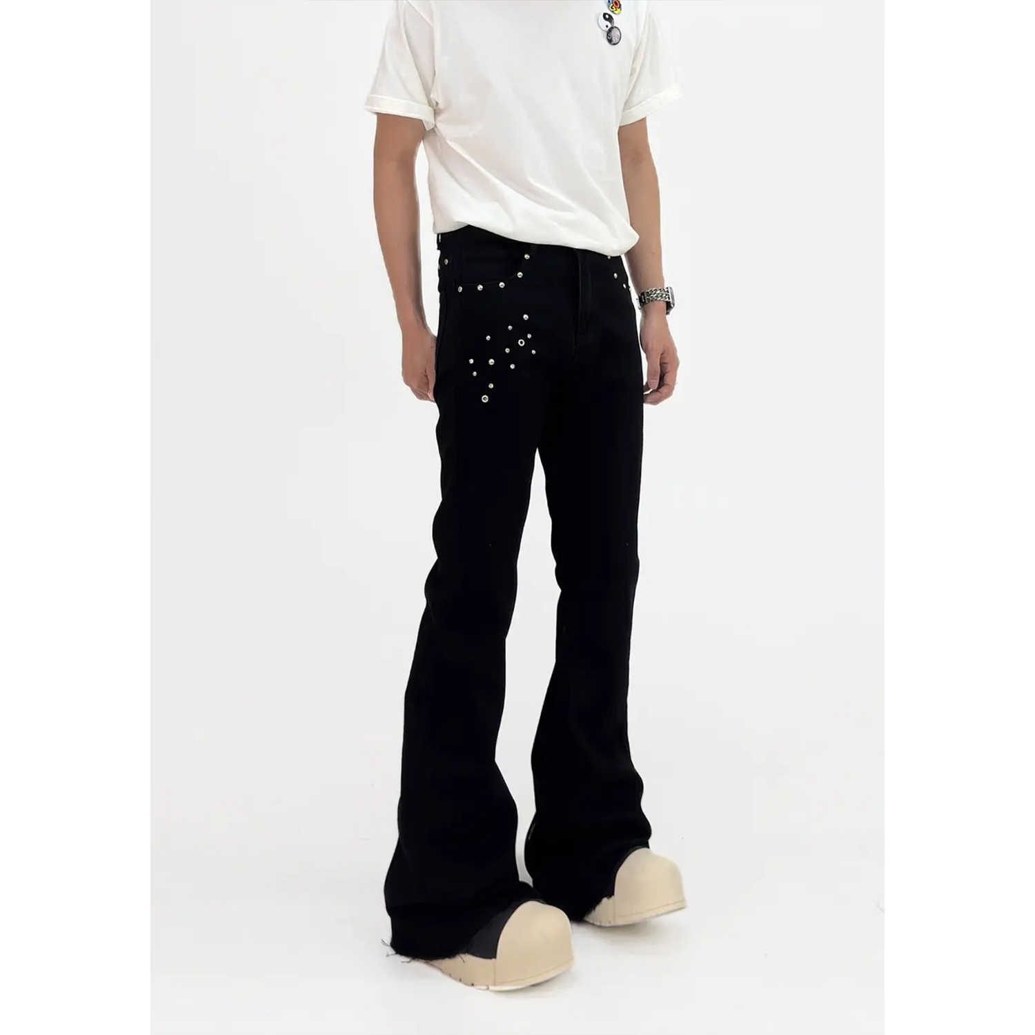 Black High-Waisted Denim Flared Pants for Men - Slim Fit, American Style, Street Vibe, Niche Design