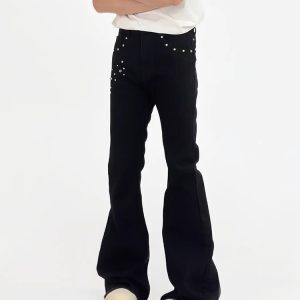 Black High-Waisted Denim Flared Pants for Men - Slim Fit, American Style, Street Vibe, Niche Design
