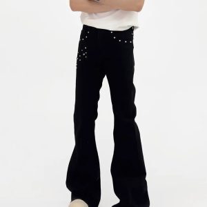 Black High-Waisted Denim Flared Pants for Men - Slim Fit, American Style, Street Vibe, Niche Design