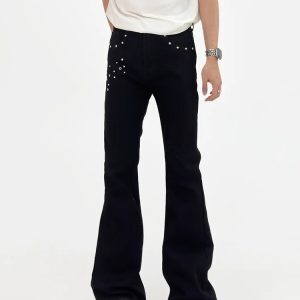 Black High-Waisted Denim Flared Pants for Men - Slim Fit, American Style, Street Vibe, Niche Design