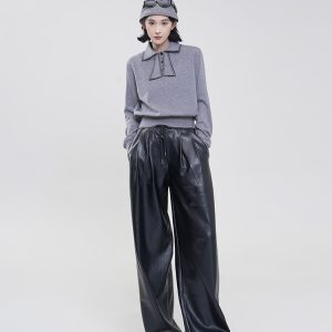 Black High-Waisted Wide-Leg Straight Leather Pants for Women - Winter Korean Style Loose Versatile Floor-Length Trousers