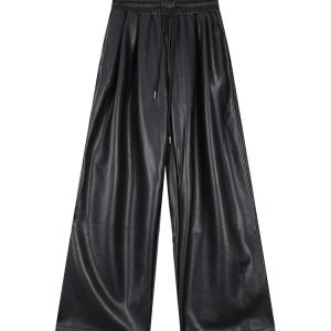 Black High-Waisted Wide-Leg Straight Leather Pants for Women - Winter Korean Style Loose Versatile Floor-Length Trousers