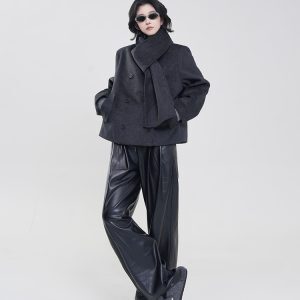 Black High-Waisted Wide-Leg Straight Leather Pants for Women - Winter Korean Style Loose Versatile Floor-Length Trousers