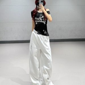Black Irregular Off-Shoulder Short-Sleeve T-Shirt for Women + White High-Waisted Straight-Leg Sports Pants - Y2K Style