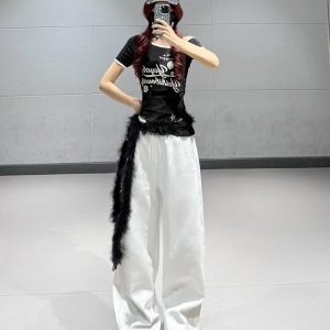 Black Irregular Off-Shoulder Short-Sleeve T-Shirt for Women + White High-Waisted Straight-Leg Sports Pants - Y2K Style